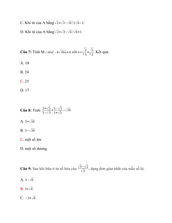 Trắc nghiệm Toán 9 Chương 1 Bài 8: Rút gọn biểu thức chứa căn bậc hai
