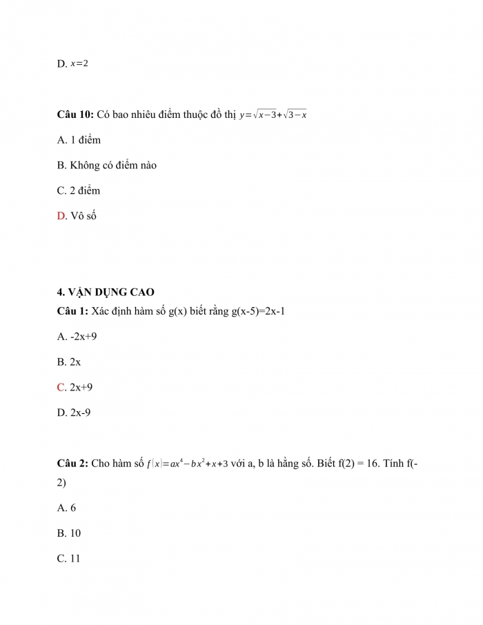 Trắc nghiệm Toán 9 Chương 2 Bài 1: Nhắc lại và bổ sung các khái niệm về hàm số