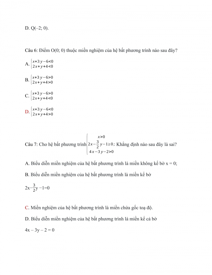 Trắc nghiệm toán 10 chân trời sáng tạo Chương 2 Bài 2: Hệ bất phương trình bậc nhất hai ẩn
