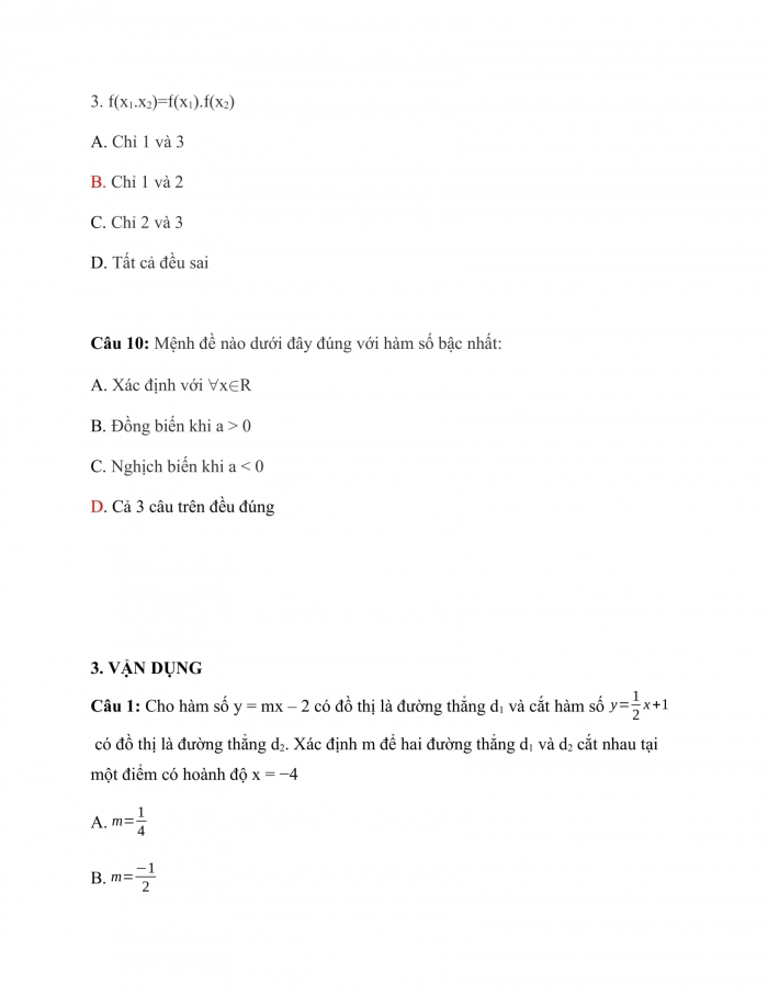 Trắc nghiệm Toán 9 Chương 2 Bài 3: Đồ thị của hàm số y = ax + b (a ≠ 0)