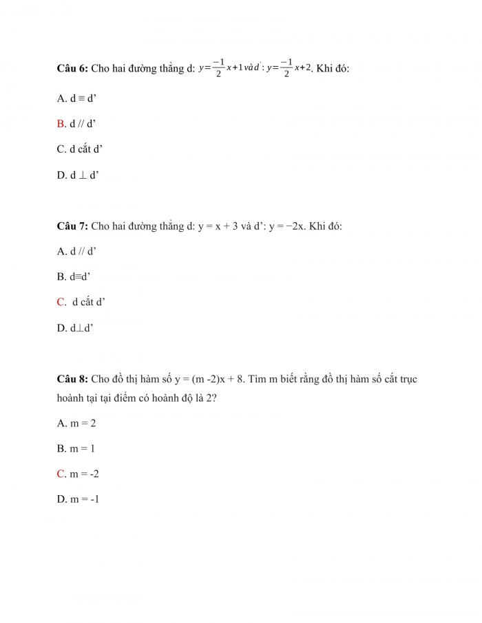 Trắc nghiệm Toán 9 Chương 2 Bài 4: Đường thẳng song song và đường thẳng cắt nhau