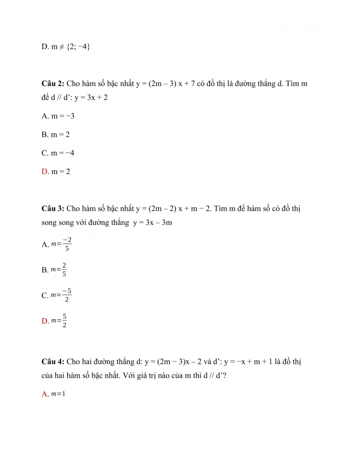 Trắc nghiệm Toán 9 Chương 2 Bài 4: Đường thẳng song song và đường thẳng cắt nhau
