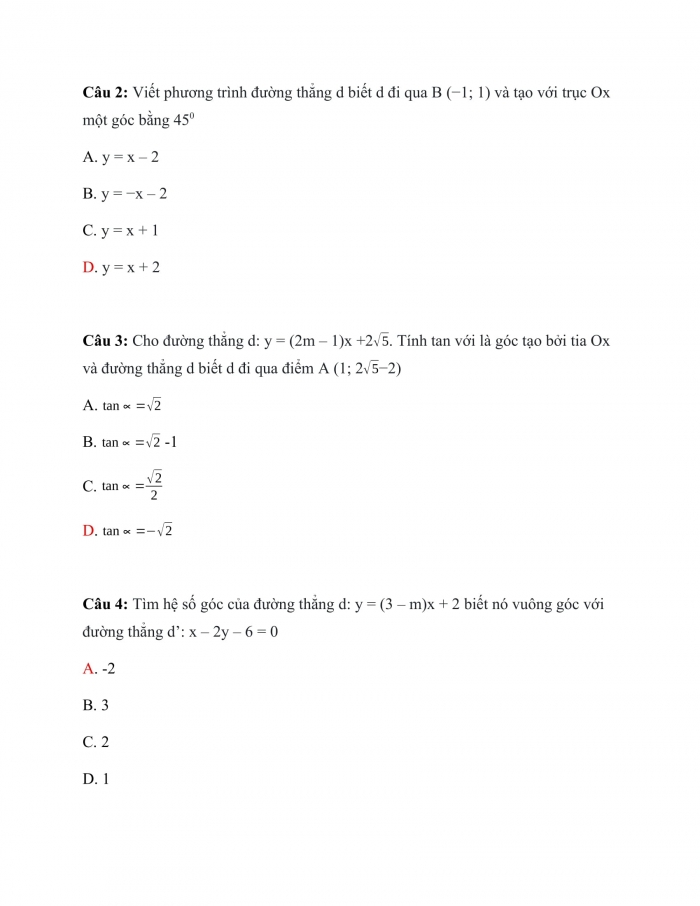 Trắc nghiệm Toán 9 Chương 2 Bài 5: Hệ số góc của đường thẳng y = ax + b (a≠0)