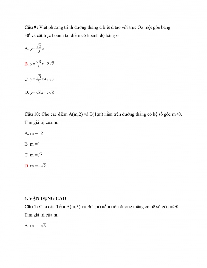 Trắc nghiệm Toán 9 Chương 2 Bài 5: Hệ số góc của đường thẳng y = ax + b (a≠0)