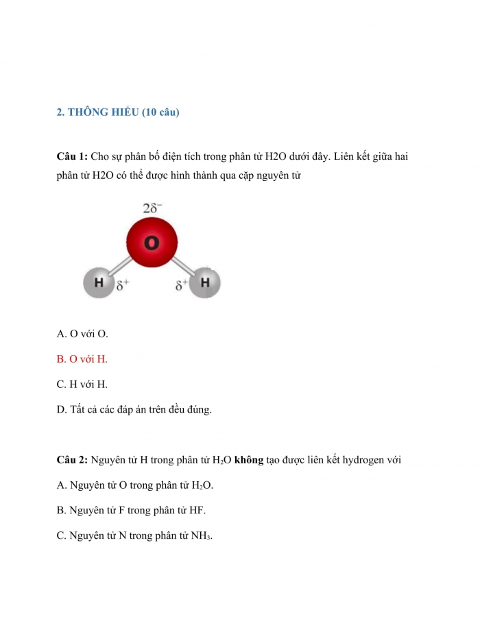Trắc nghiệm Hóa học 10 kết nối Bài 13: liên kết hydrogen và tương tác van der waals