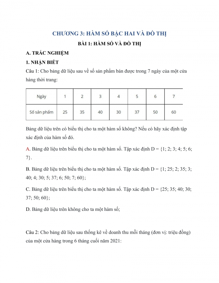 Trắc nghiệm toán 10 chân trời sáng tạo Chương 3 Bài 1: Hàm số và đồ thị