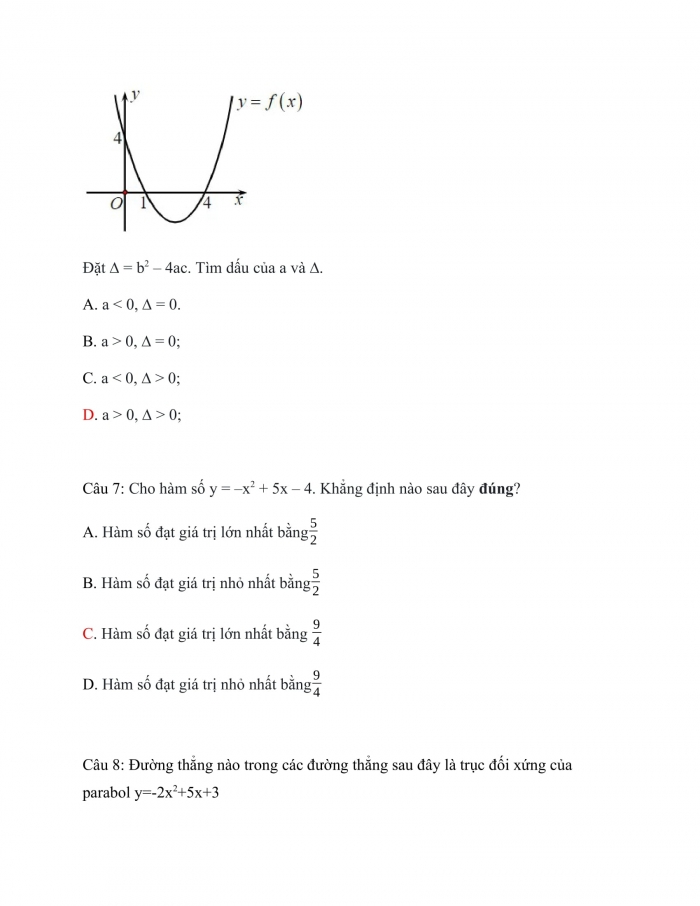 Trắc nghiệm toán 10 cánh diều Chương 3 Bài 2: Hàm số bậc hai, đồ thị hàm số bậc hai và ứng dụng