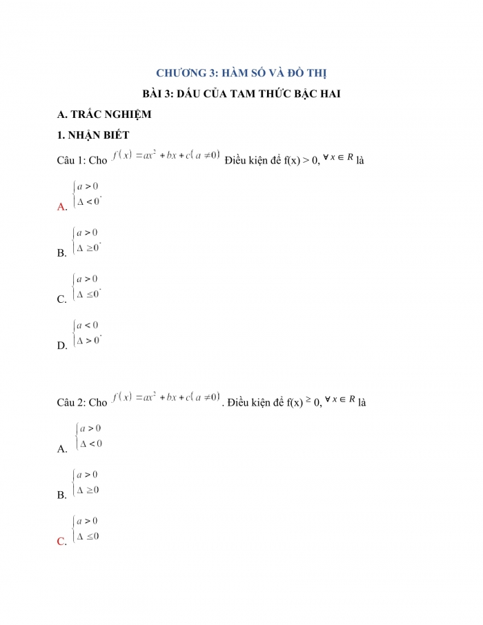 Trắc nghiệm toán 10 cánh diều Chương 3 Bài 3: Dấu của tam thức bậc hai