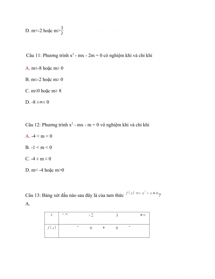 Trắc nghiệm toán 10 cánh diều Chương 3 Bài 3: Dấu của tam thức bậc hai