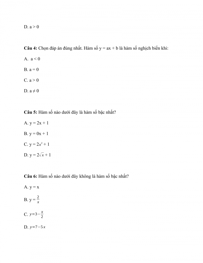 Phiếu trắc nghiệm Toán 8 cánh diều Chương 3 Bài 3: Hàm số bậc nhất y = ax + b (a ≠ 0)
