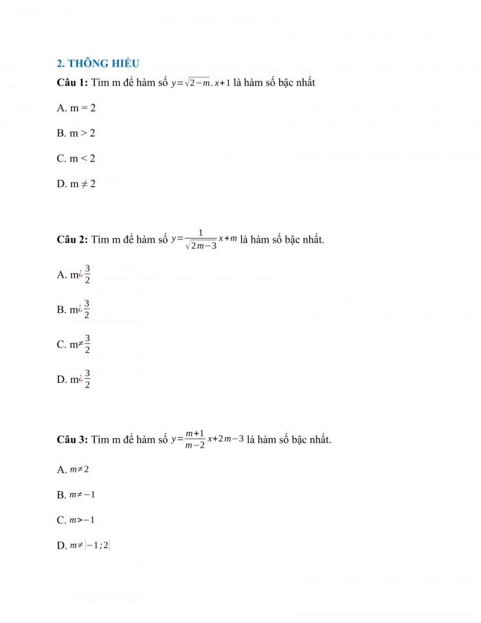 Phiếu trắc nghiệm Toán 8 cánh diều Chương 3 Bài 3: Hàm số bậc nhất y = ax + b (a ≠ 0)