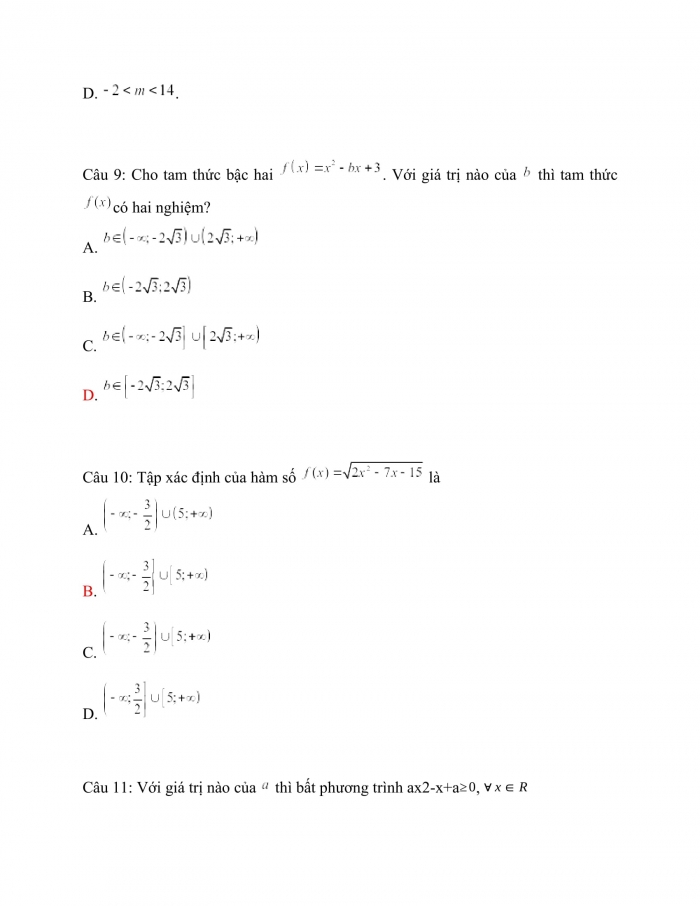 Trắc nghiệm toán 10 cánh diều Chương 3 Bài 4: Bất phương trình bậc hai một ẩn