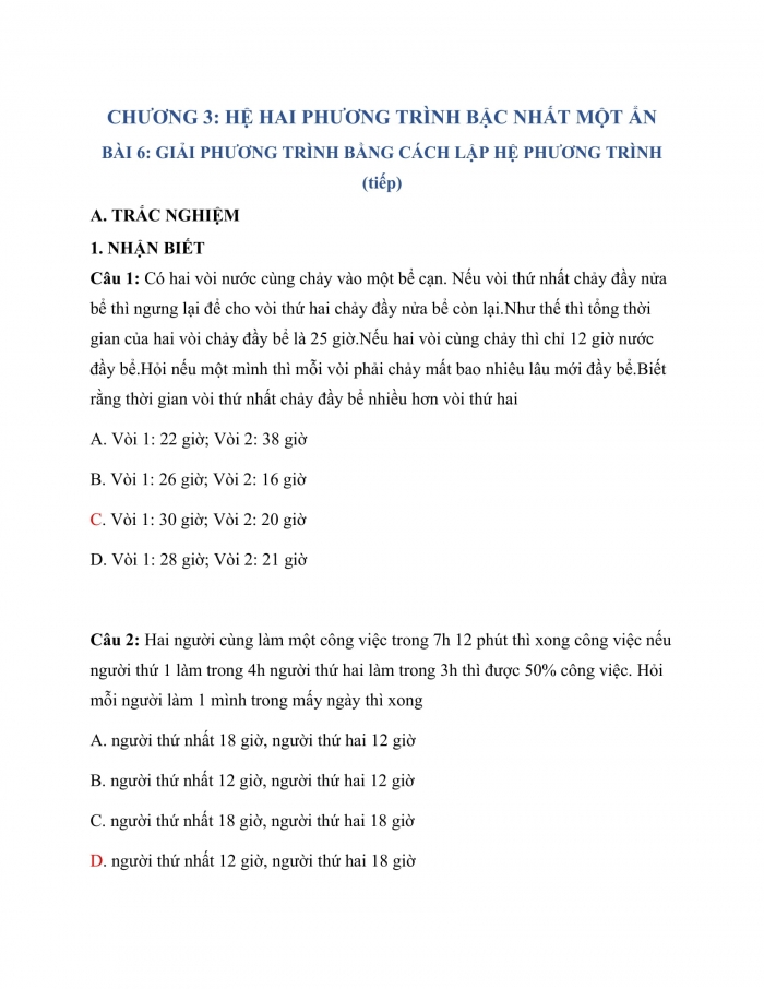 Trắc nghiệm Toán 9 Chương 3 Bài 6: Giải bài toán bằng cách lập phương trình (tiếp)