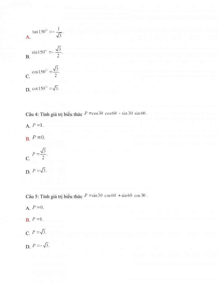 Trắc nghiệm toán 10 cánh diều Chương 4 Bài 1: Giá trị lượng giác của một góc từ 0 đến 180. Định lý cosin và định lý sin trong tam giác