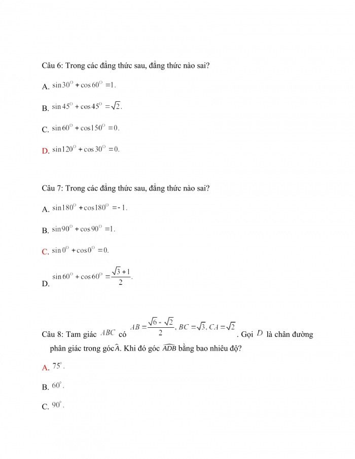 Trắc nghiệm toán 10 cánh diều Chương 4 Bài 1: Giá trị lượng giác của một góc từ 0 đến 180. Định lý cosin và định lý sin trong tam giác