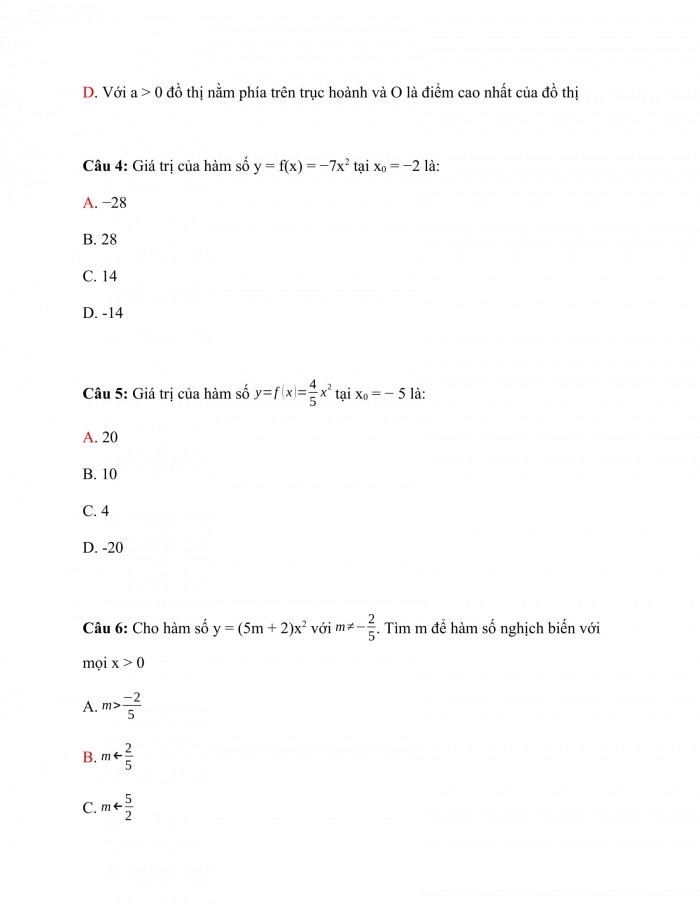 Trắc nghiệm Toán 9 Chương 4 Bài 1:  Hàm số y=〖ax〗^2 (a≠0).