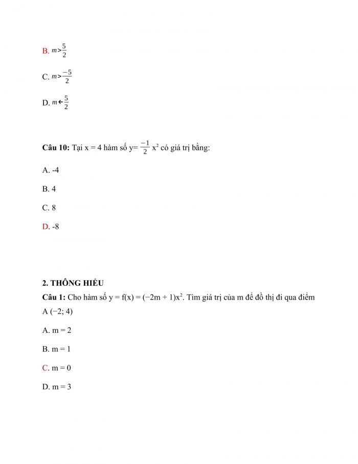 Trắc nghiệm Toán 9 Chương 4 Bài 1:  Hàm số y=〖ax〗^2 (a≠0).