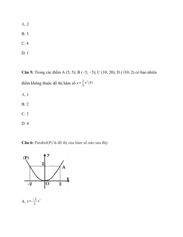 Trắc nghiệm Toán 9 Chương 4 Bài 2: Đồ thị của hàm số y=〖ax〗^2 (a≠0).