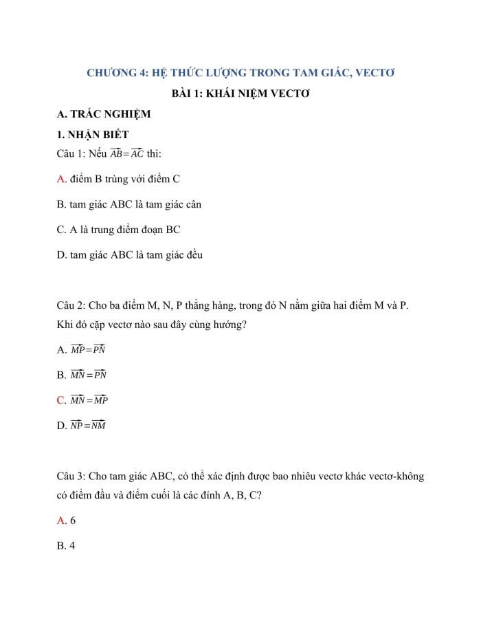 Trắc nghiệm toán 10 cánh diều Chương 4 Bài 3:Khái niệm vectơ