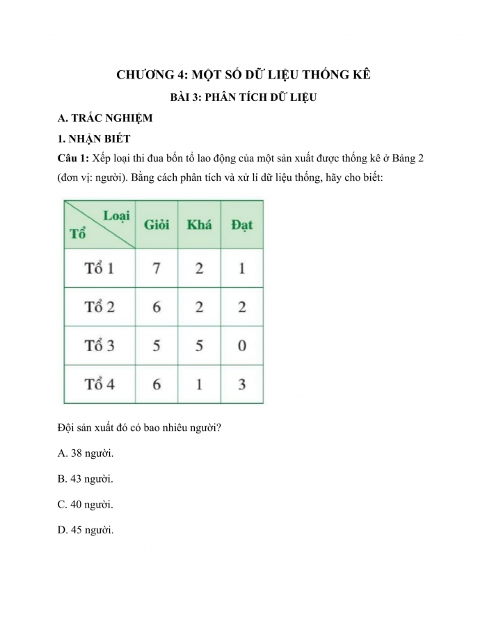 Phiếu trắc nghiệm Toán 8 chân trời Chương 4 Bài 3: Phân tích dữ liệu