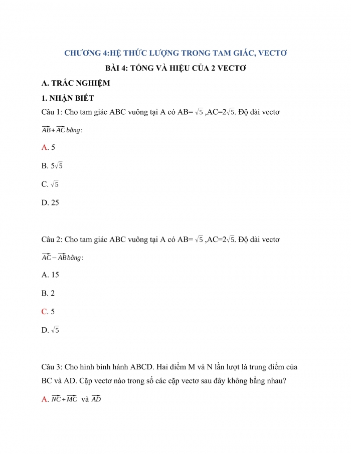 Trắc nghiệm toán 10 cánh diều Chương 4 Bài 4: Tổng và hiệu của hai vecto