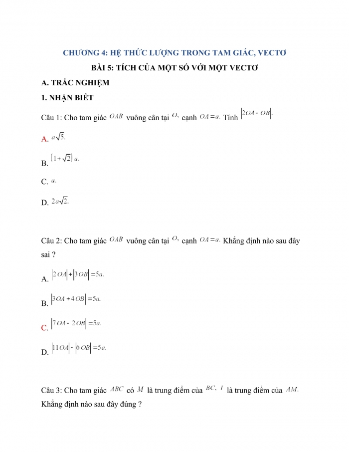 Trắc nghiệm toán 10 cánh diều Chương 4 Bài 5: Tích của một số với một vecto