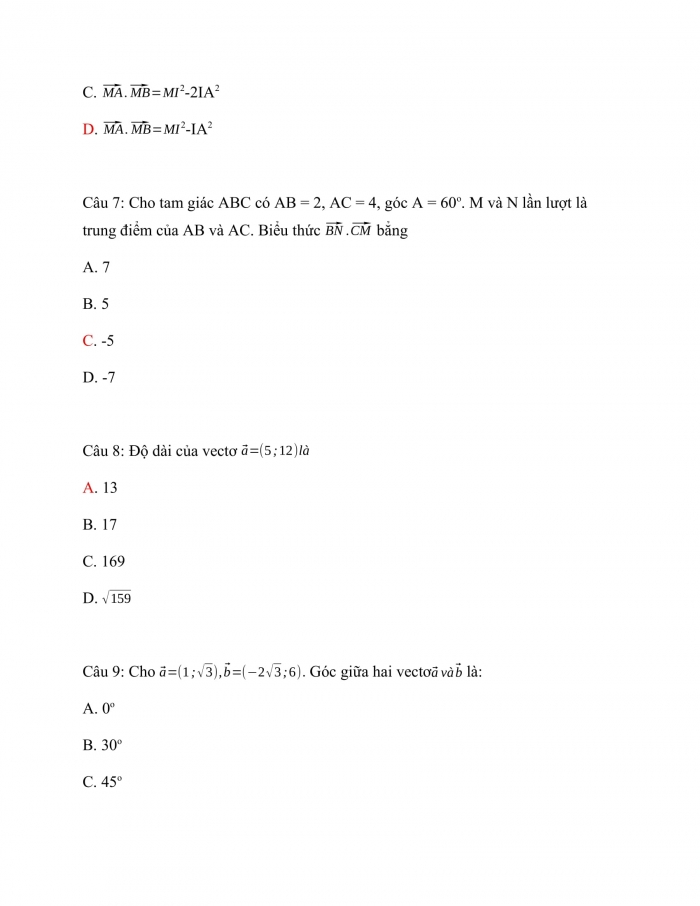 Trắc nghiệm toán 10 cánh diều Chương 4 Bài 6: Tích vô hướng của 2 vec tơ