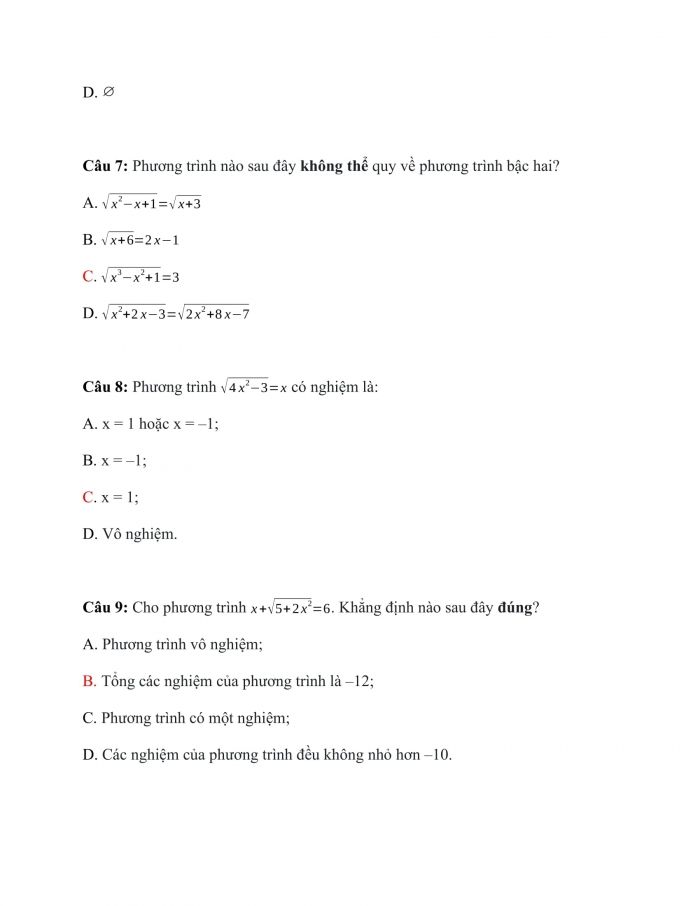 Trắc nghiệm Toán 9 Chương 4 Bài 7: Phương trình quy về phương trình bậc hai