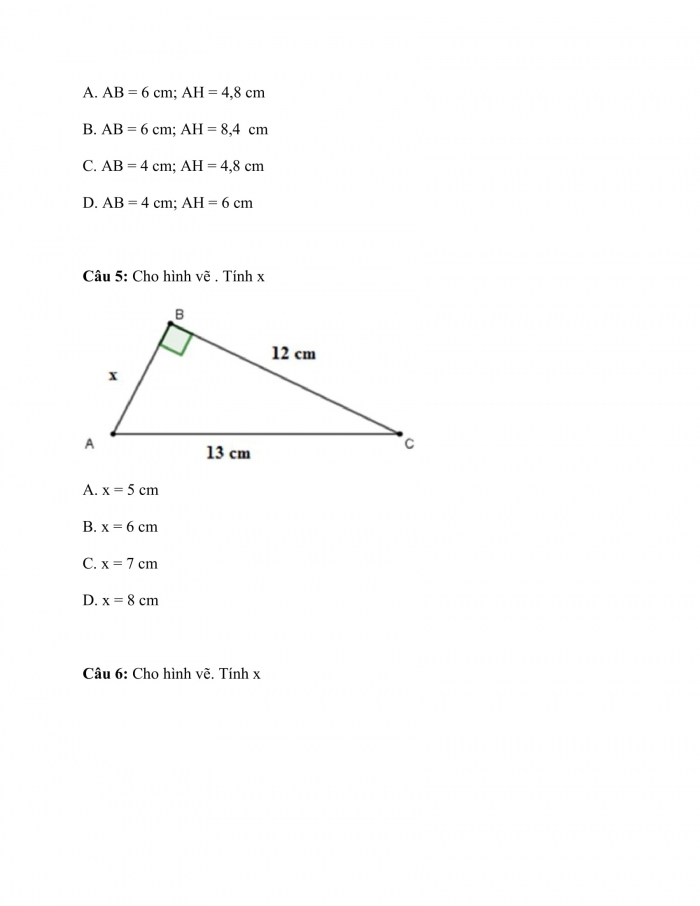 Phiếu trắc nghiệm Toán 8 cánh diều Chương 5 Bài 1: Định lí Pythagore