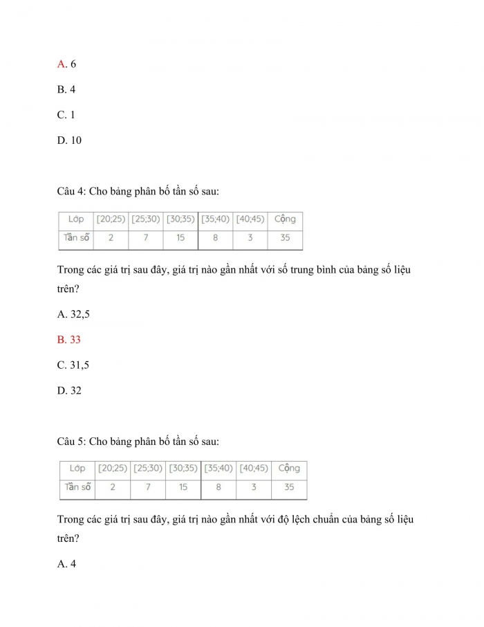 Trắc nghiệm toán 10 chân trời sáng tạo Chương 6 Bài 3: Các số đặc trưng đo xu thế trung tâm
