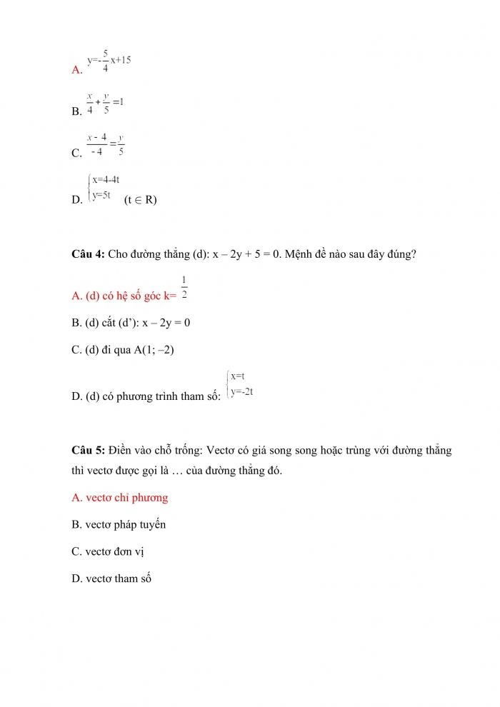 Trắc nghiệm toán 10 chân trời sáng tạo Chương 9 Bài 2: đường thẳng trong mặt phẳng tọa độ