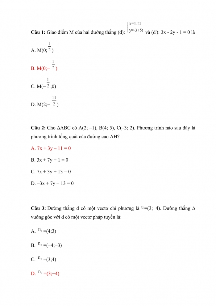 Trắc nghiệm toán 10 chân trời sáng tạo Chương 9 Bài 2: đường thẳng trong mặt phẳng tọa độ