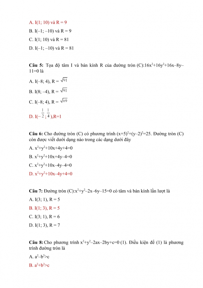Trắc nghiệm toán 10 chân trời sáng tạo Chương 9 Bài 3: đường tròn trong mặt phẳng tọa độ