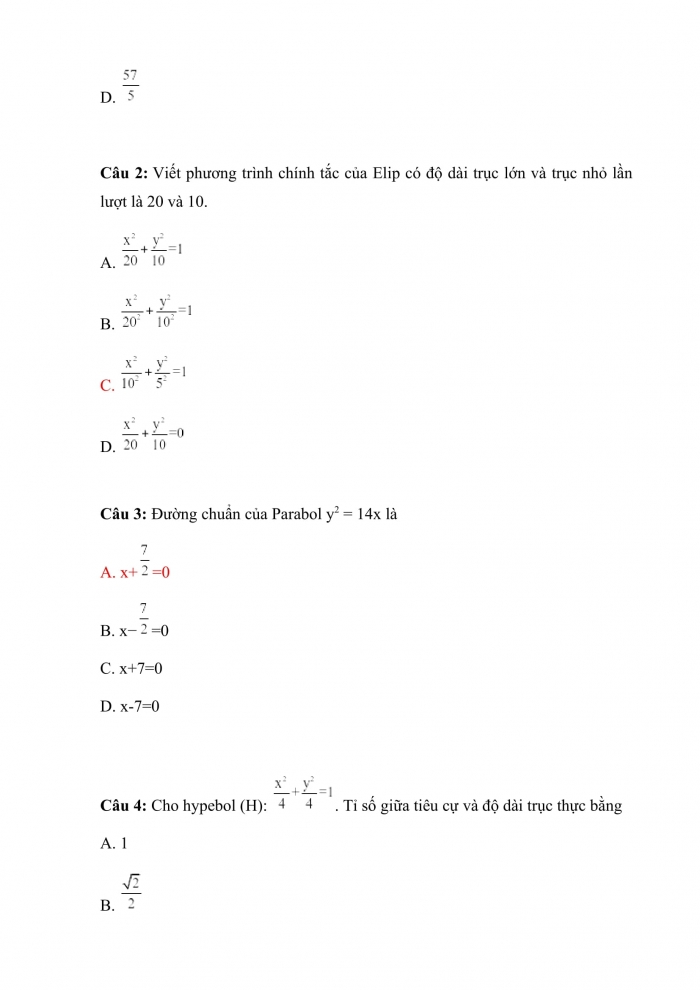 Trắc nghiệm toán 10 chân trời sáng tạo Chương 9 Bài 4: ba đường conic trong mặt phẳng tọa độ