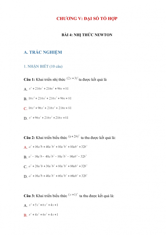 Trắc nghiệm toán 10 cánh diều  Chương 5 Bài 4: nhị thức newton