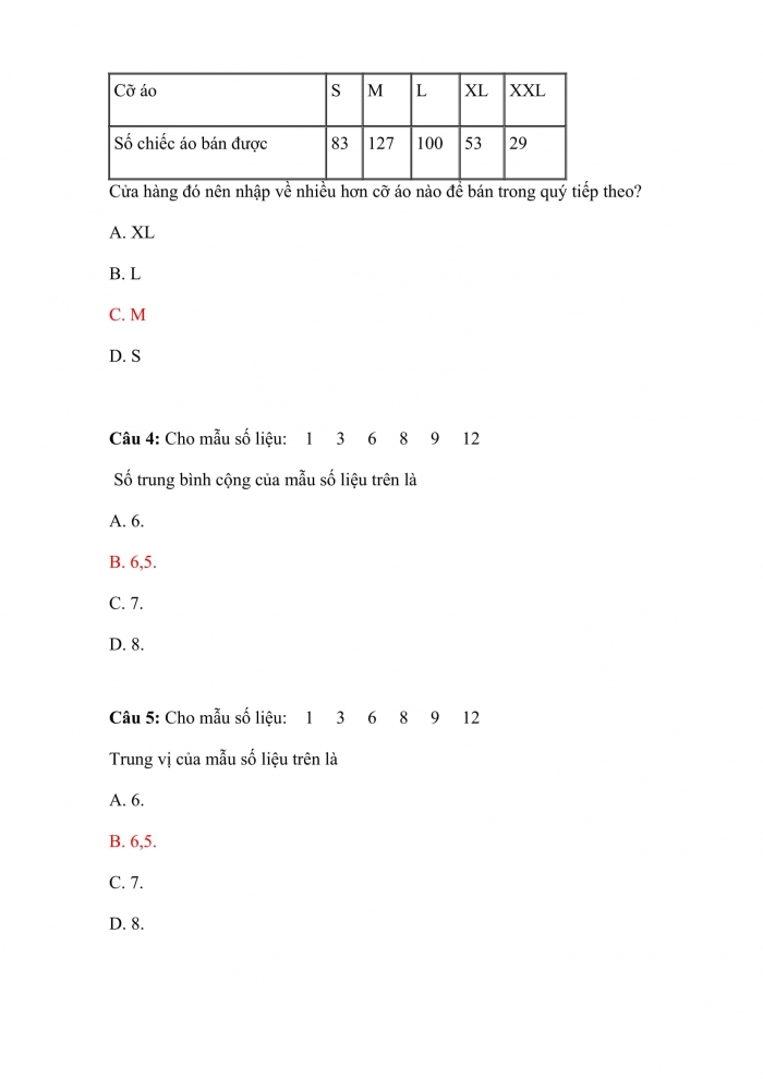 Trắc nghiệm toán 10 cánh diều  Chương 6 Bài 2: các đặc trưng đo xu thế trung tâm cho mẫu số liệu không ghép nhóm
