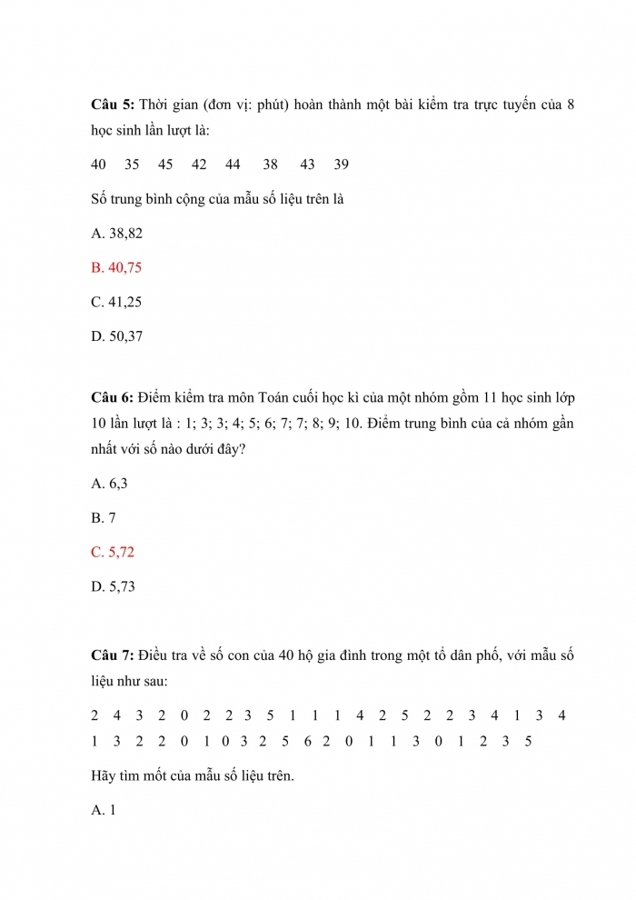 Trắc nghiệm toán 10 cánh diều  Chương 6 Bài 2: các đặc trưng đo xu thế trung tâm cho mẫu số liệu không ghép nhóm