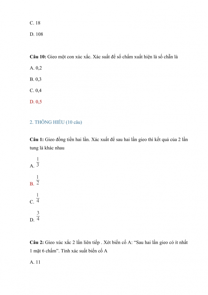 Trắc nghiệm toán 10 cánh diều Chương 6 Bài 4: xác suất của biến cố trong một số trò chơi đơn giản