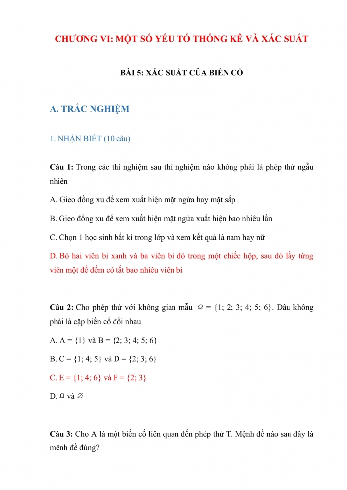 Trắc nghiệm toán 10 cánh diều Chương 6 Bài 5: xác suất của biến cố 
