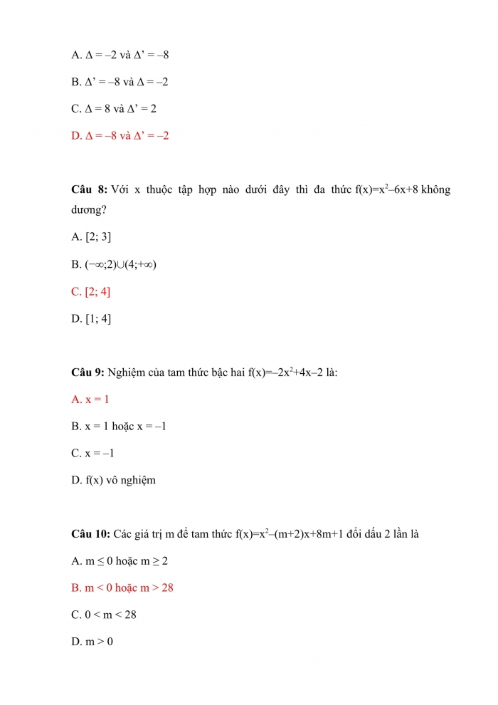 Trắc nghiệm toán 10 chân trời sáng tạo Chương 7 Bài 1: dấu của tam thức bậc hai