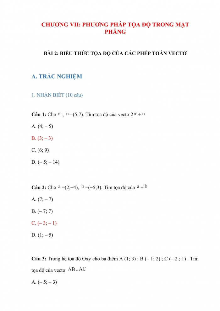 Trắc nghiệm toán 10 cánh diều Chương 7 Bài 2: biểu thức tọa độ của các phép toán vectơ