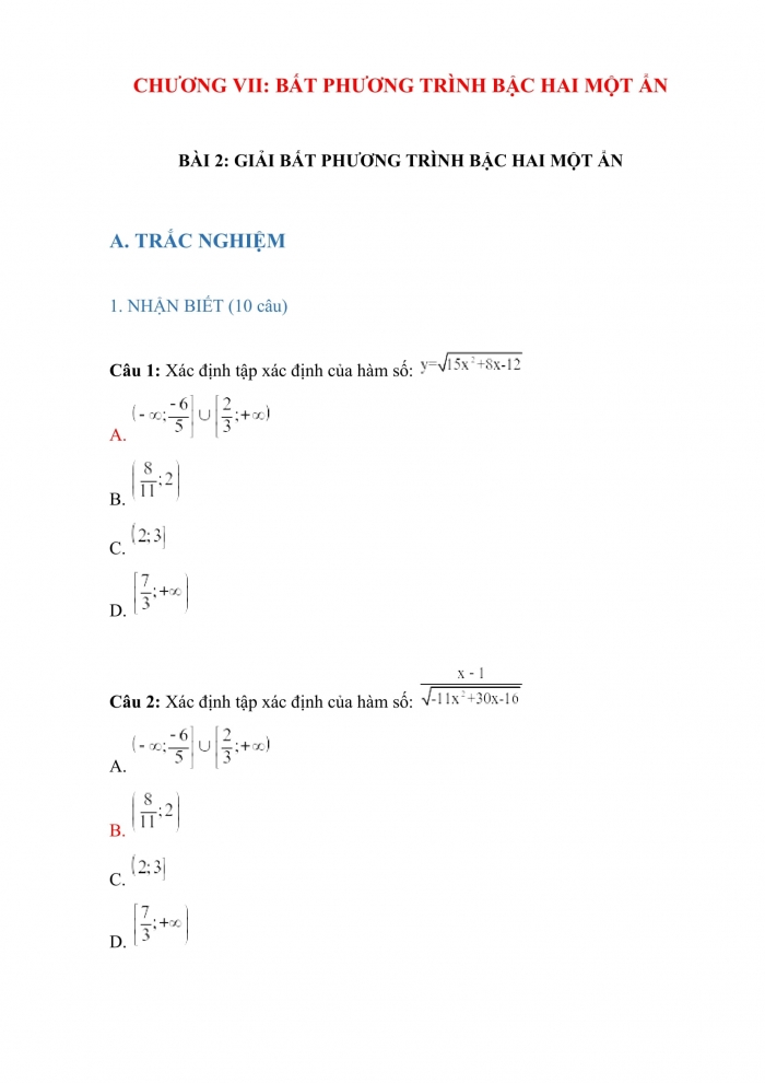 Trắc nghiệm toán 10 chân trời sáng tạo Chương 7 Bài 2: giải bất phương trình bậc hai một ẩn