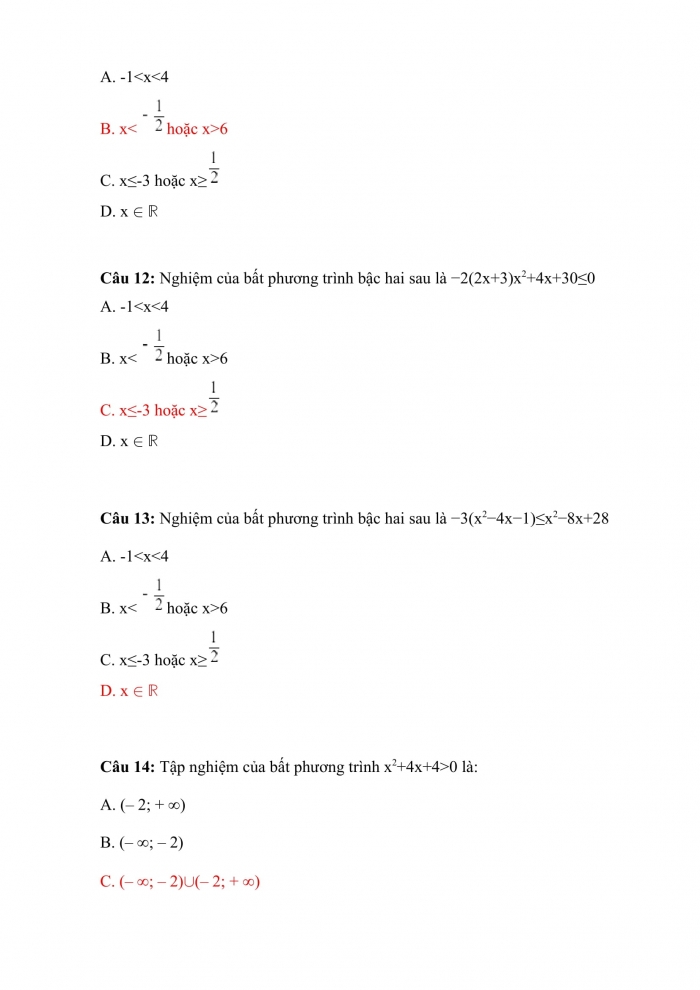 Trắc nghiệm toán 10 chân trời sáng tạo Chương 7 Bài 2: giải bất phương trình bậc hai một ẩn