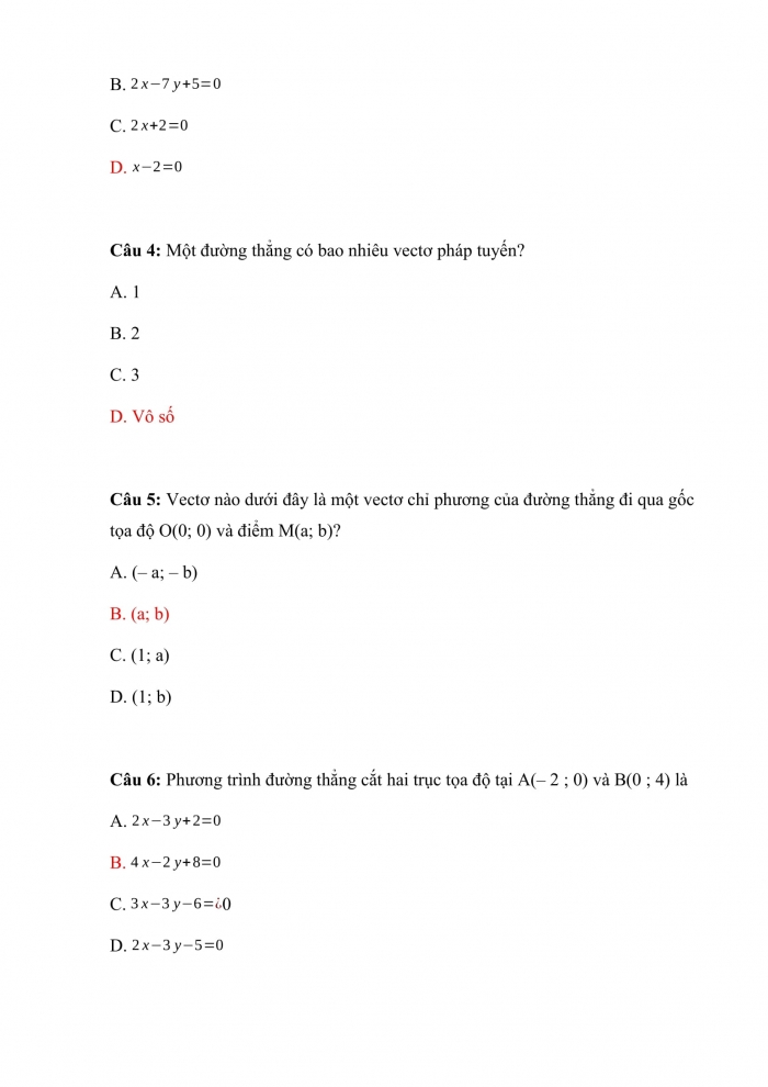 Trắc nghiệm toán 10 cánh diều Chương 7 Bài 3: phương trình đường thẳng