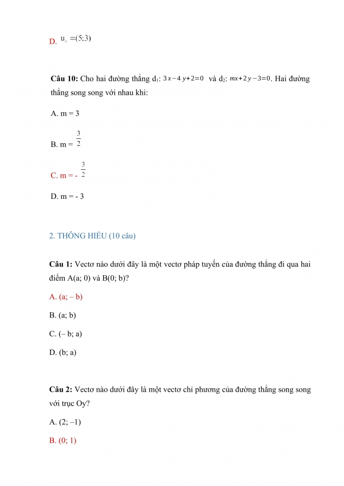 Trắc nghiệm toán 10 cánh diều Chương 7 Bài 3: phương trình đường thẳng
