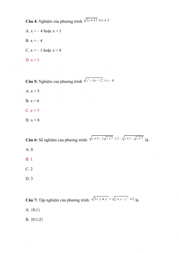 Trắc nghiệm toán 10 chân trời sáng tạo Chương 7 Bài 3: phương trình quy về bậc hai