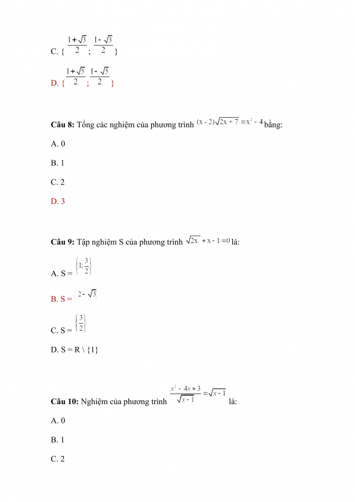 Trắc nghiệm toán 10 chân trời sáng tạo Chương 7 Bài 3: phương trình quy về bậc hai