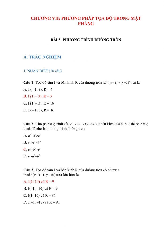 Trắc nghiệm toán 10 cánh diều Chương 7 Bài 5: phương trình đường tròn