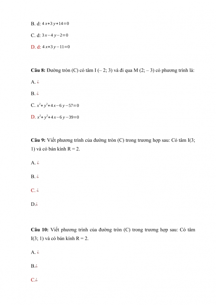 Trắc nghiệm toán 10 cánh diều Chương 7 Bài 5: phương trình đường tròn