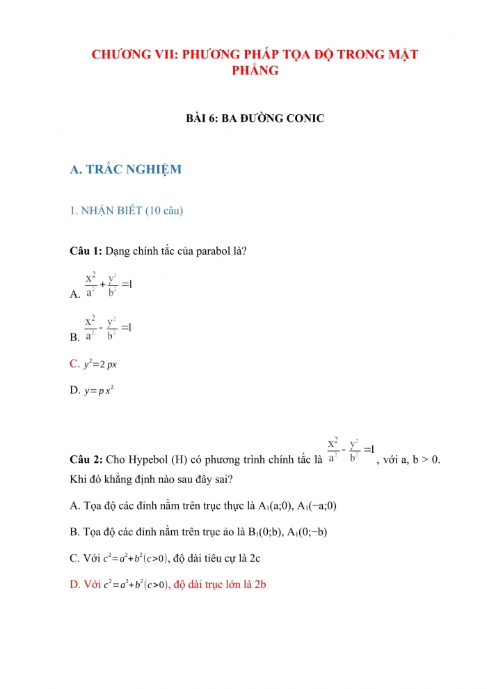 Trắc nghiệm toán 10 cánh diều Chương 7 Bài 6: ba đường conic